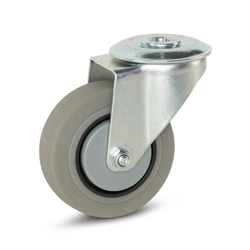 Zwenkwiel rubber grijs met centraal gat - Ø100mm - 150kg Zwenkwiel rubber grijs met centraal gat - Ø100mm - 150kg