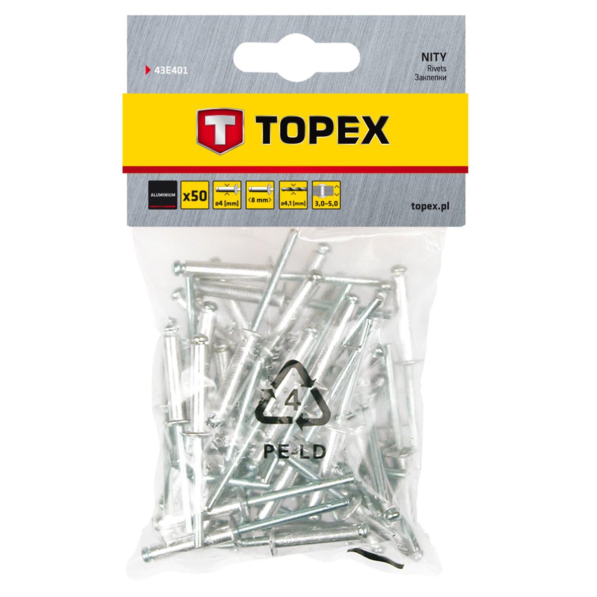 Topex - Blindklinknagels aluminium - 4,0 x 8mm (50 stuks)