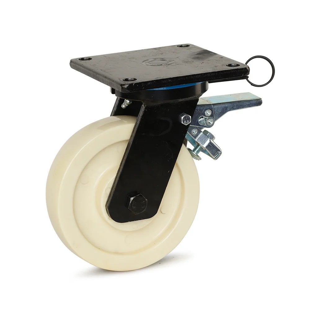 Nylon industrieel zwenkwiel met rem en topplaat - 200mm - 1.300kg draagkracht