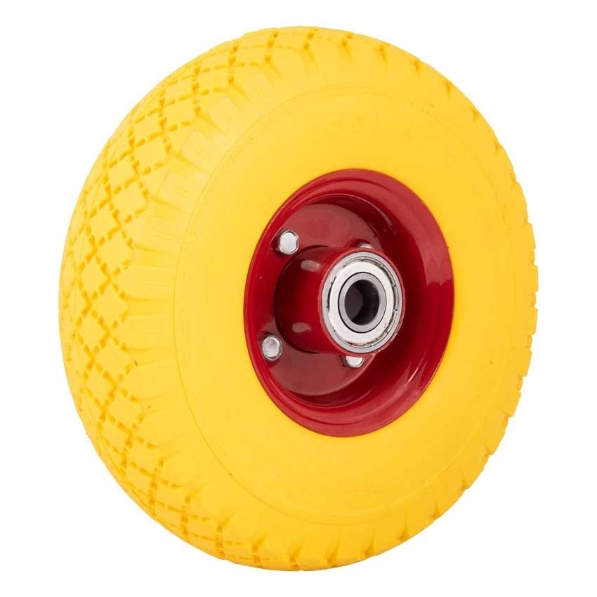 Steekwagenwiel 3.00-4 PU Anti-lek - Kogellager 125kg - Metalen Velg Geel/Rood Steekwagenwiel 3.00-4 PU Anti-lek - Kogellager 125kg - Metalen Velg Geel/Rood