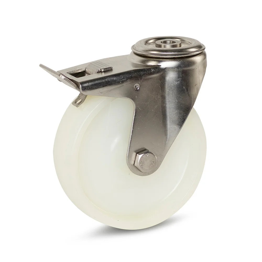 RVS zwenkwiel geremd nylon met centraal gat - Ø125mm - 220kg RVS zwenkwiel geremd nylon met centraal gat - Ø125mm - 220kg