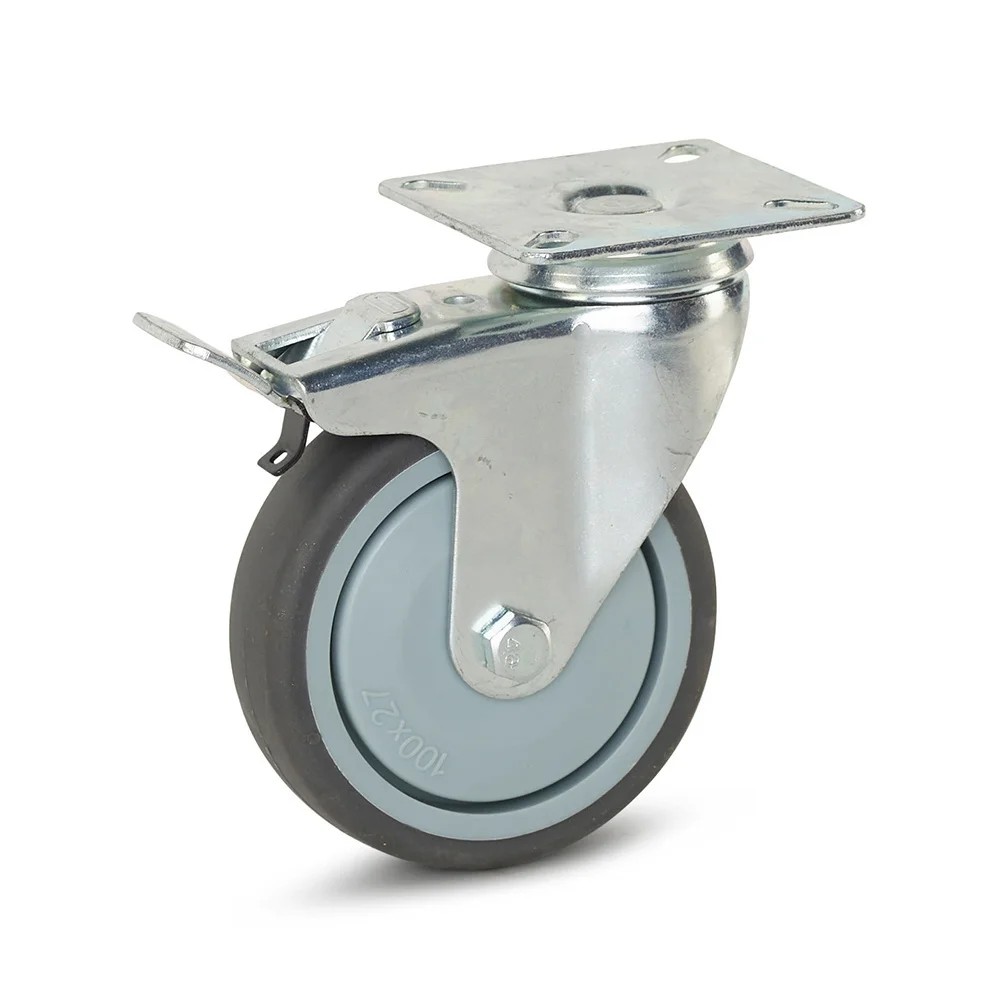 Zwenkwiel geremd met topplaat trolley - 100mm - 100kg
