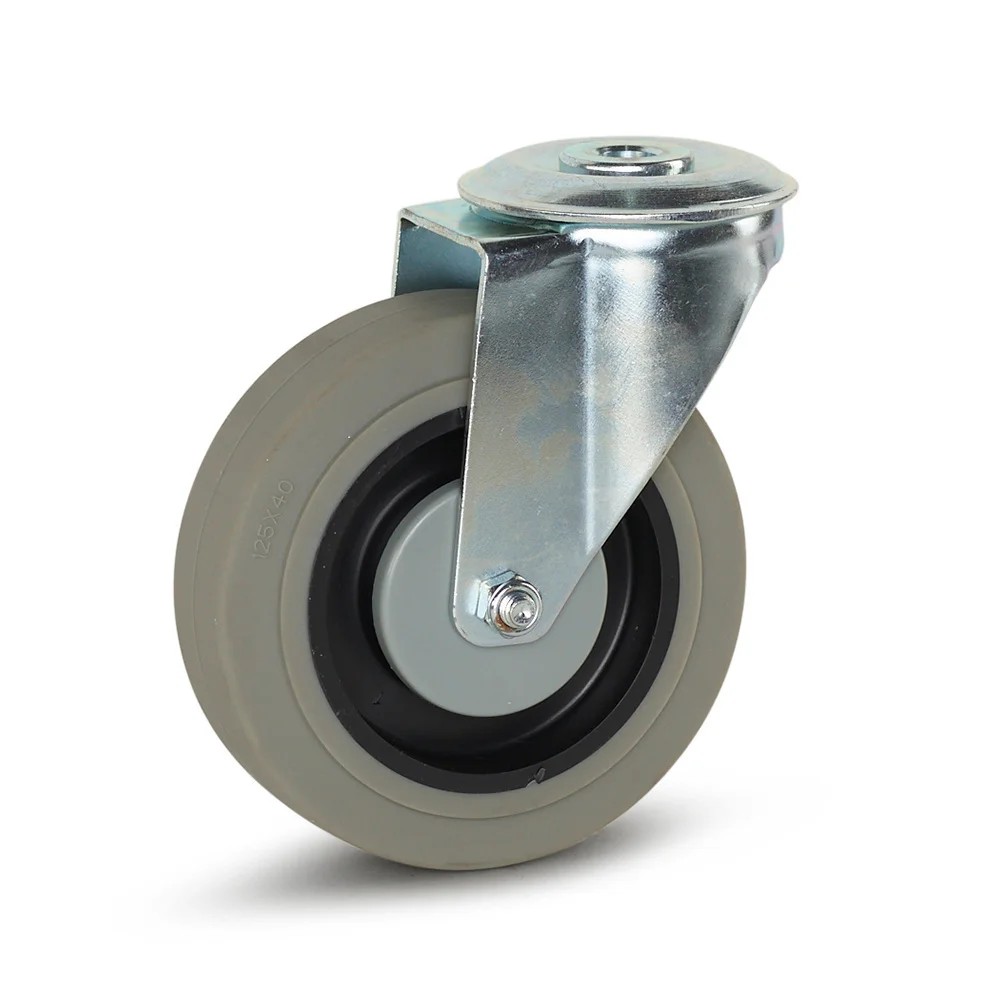 Grijs rubber zwenkwiel met centraal gat - 125mm - 180kg
