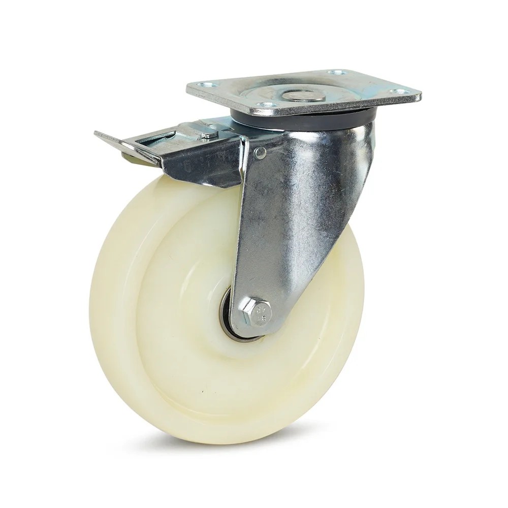 Nylon zwaarlast zwenkwiel geremd met topplaat - 200mm - 800kg