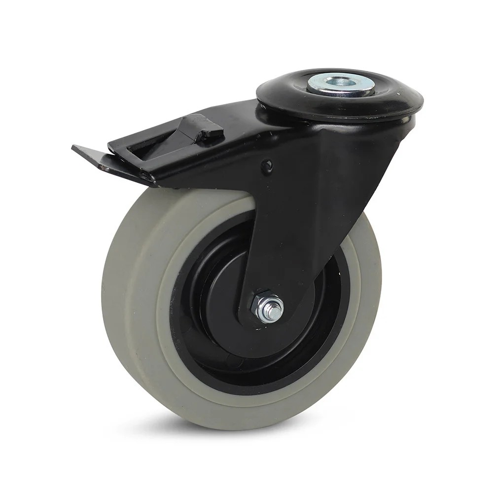 Grijs rubber zwenkwiel zwarte behuizing geremd met centraal gat - 125mm - 180kg Grijs rubber zwenkwiel zwarte behuizing geremd met centraal gat - 125mm - 180kg