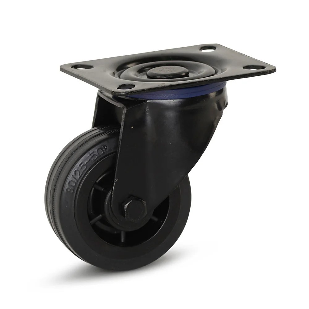 Zwart rubber zwenkwiel met topplaat - 80mm - 60kg