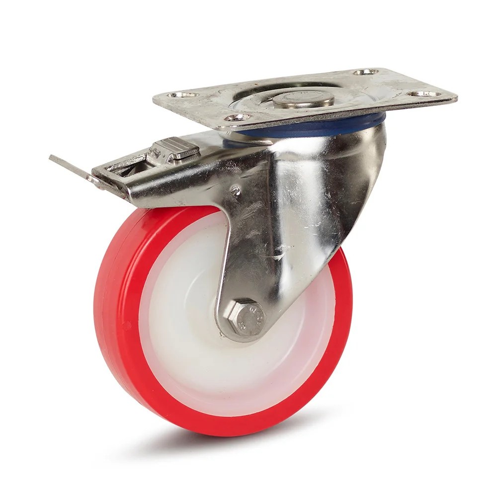 RVS zwenkwiel met rem en topplaat - PU band 100mm - 180kg RVS zwenkwiel met rem en topplaat - PU band 100mm - 180kg