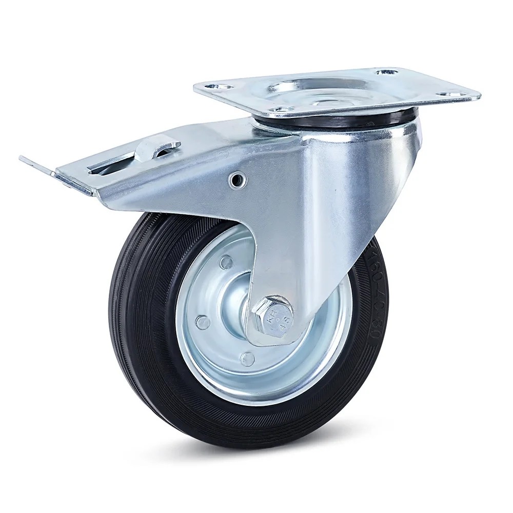 Rubber zwenkwiel geremd met topplaat - 160mm - 200kg - reukloos Rubber zwenkwiel geremd met topplaat - 160mm - 200kg - reukloos