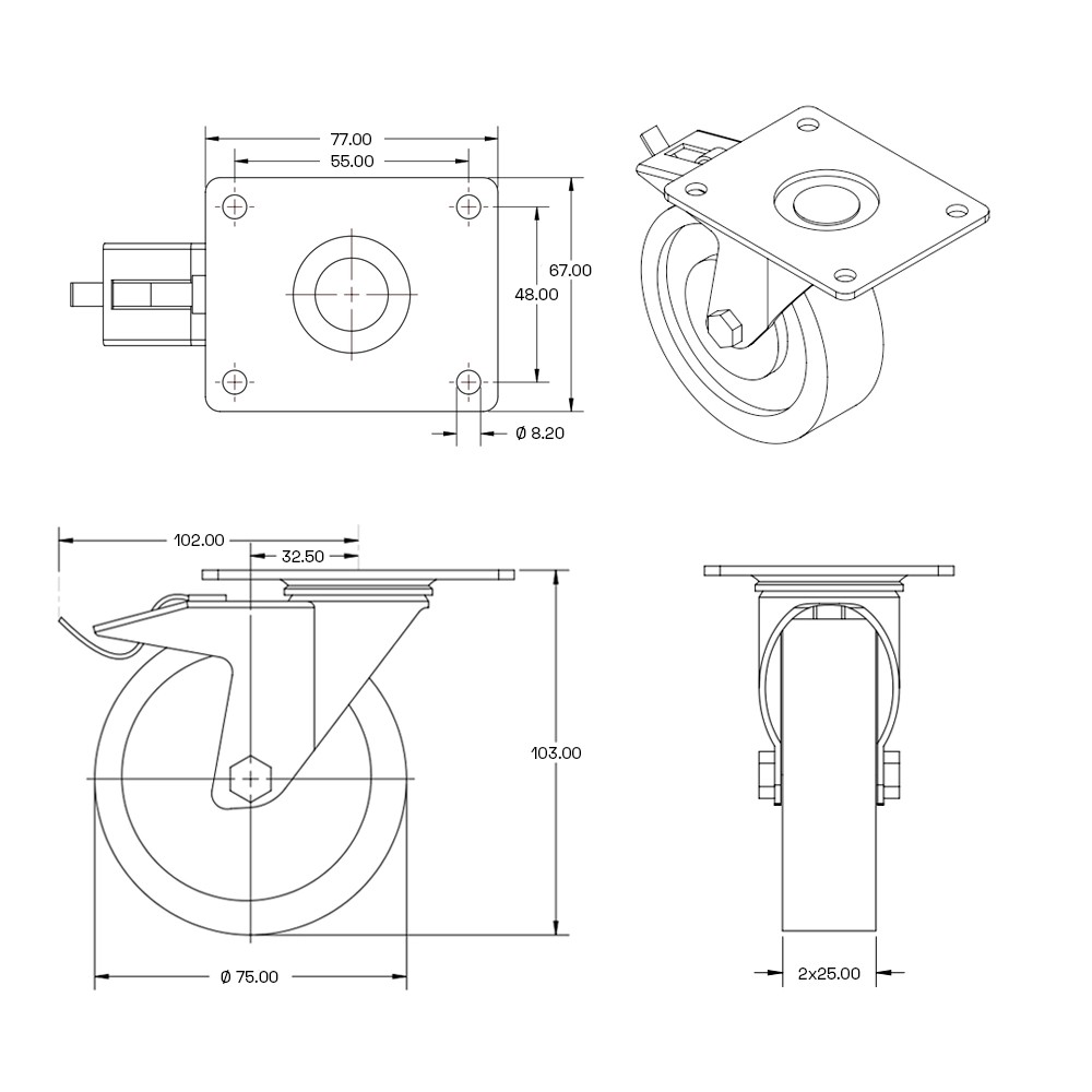 Dubbel zwenkwiel geremd met topplaat - 75mm - 150kg