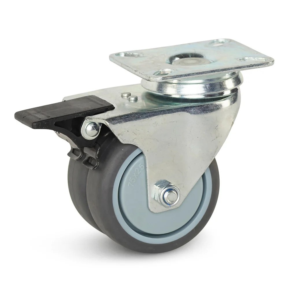 Dubbel zwenkwiel geremd met topplaat - 75mm - 150kg Dubbel zwenkwiel geremd met topplaat - 75mm - 150kg