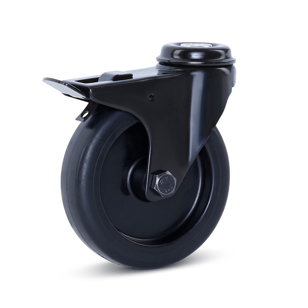 Zwenkwiel geremd zwart 100mm - Centraal bevestigingsgat - 90kg Zwenkwiel geremd zwart 100mm - Centraal bevestigingsgat - 90kg