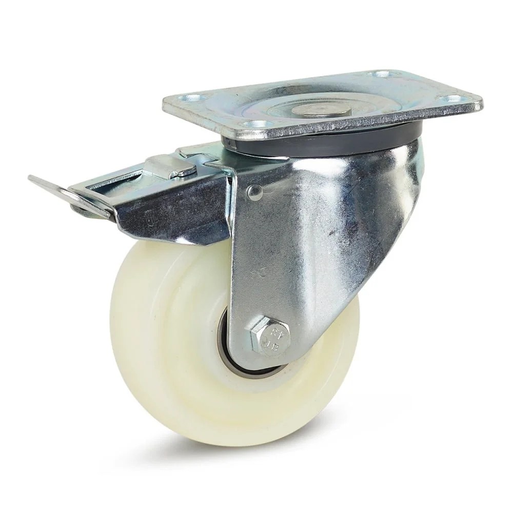 Nylon zwaarlast zwenkwiel geremd met topplaat - 125mm - 550kg Nylon zwaarlast zwenkwiel geremd met topplaat - 125mm - 550kg
