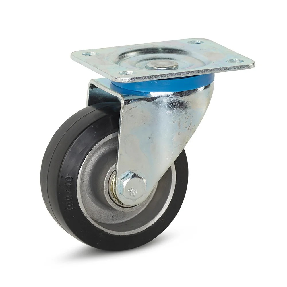 Zwart elastisch rubber zwenkwiel met topplaat - 100mm - 220kg Zwart elastisch rubber zwenkwiel met topplaat - 100mm - 220kg