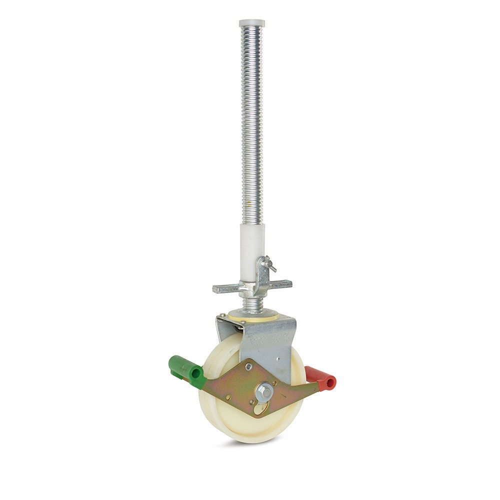 Nylon steigerwiel 200mm, draagkracht 1200kg, spindel 38mm plug & tube