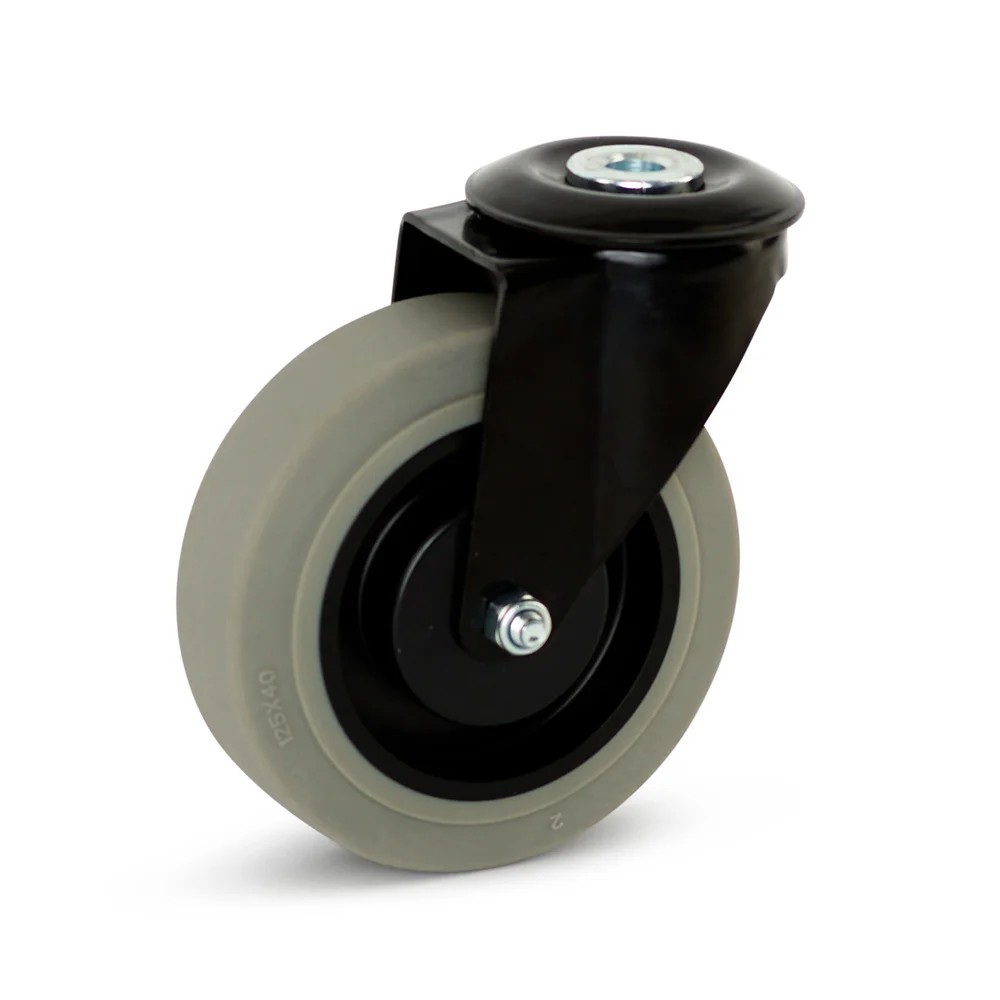 Grijs rubber zwenkwiel zwarte behuizing met centraal gat - 125mm - 180kg Grijs rubber zwenkwiel zwarte behuizing met centraal gat - 125mm - 180kg