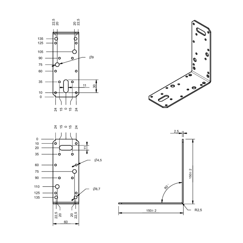 Hoekanker vlak 150 x 150 x 60 x 2.5 mm zwart | FixMasters Hoekanker vlak 150 x 150 x 60 x 2.5 mm zwart | FixMasters