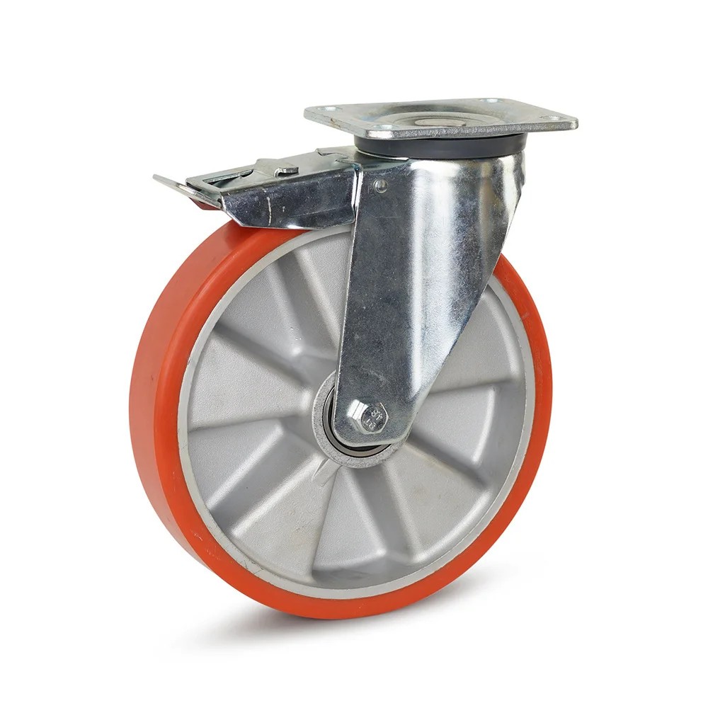 PU zwaarlast zwenkwiel geremd met topplaat - 250mm - 800kg PU zwaarlast zwenkwiel geremd met topplaat - 250mm - 800kg
