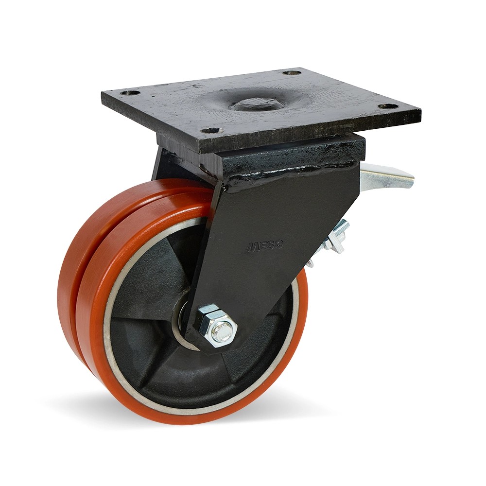 Dubbel PU zwaarlast zwenkwiel met rem en topplaat - 200mm - 2200kg Dubbel PU zwaarlast zwenkwiel met rem en topplaat - 200mm - 2200kg
