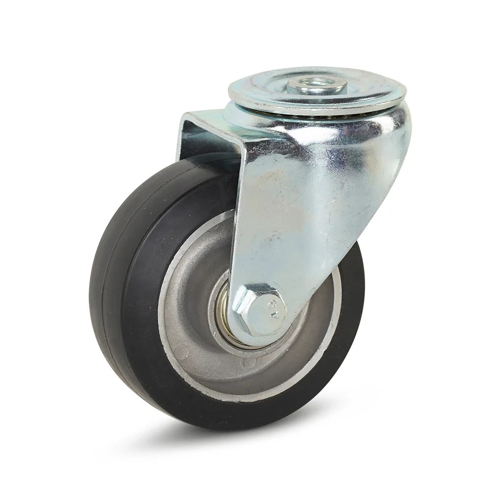 Zwart rubber zwenkwiel met centraal gat - 100mm - 220kg draagkracht Zwart rubber zwenkwiel met centraal gat - 100mm - 220kg draagkracht