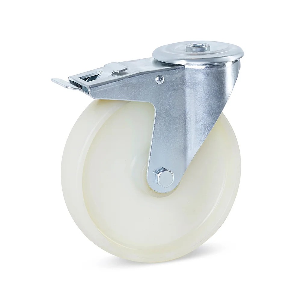 Nylon zwenkwiel geremd met centraal gat - 200mm - 400kg Nylon zwenkwiel geremd met centraal gat - 200mm - 400kg