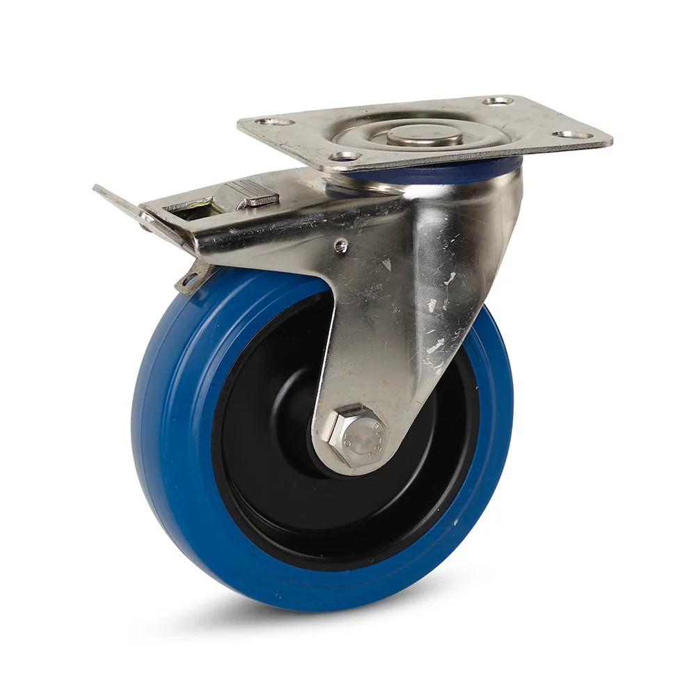 RVS zwenkwiel geremd 125mm - elastisch rubber - topplaat - 120kg RVS zwenkwiel geremd 125mm - elastisch rubber - topplaat - 120kg