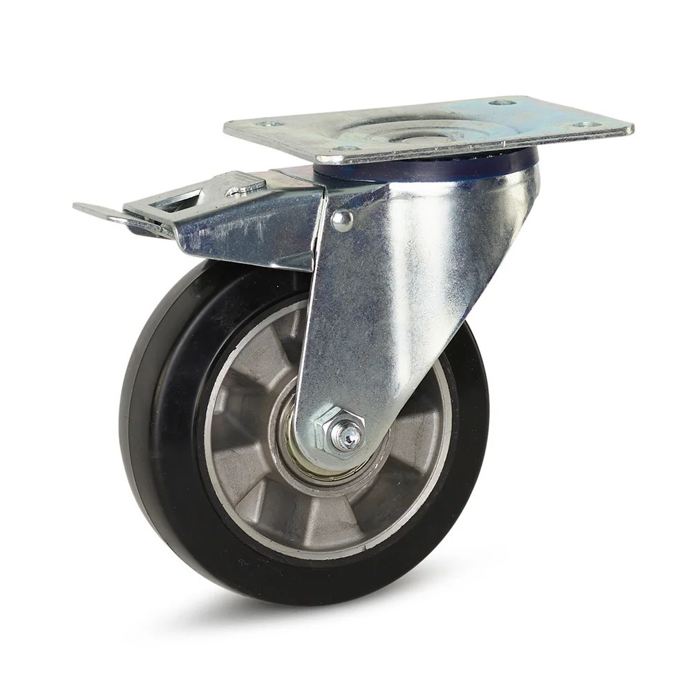 Zwart elastisch rubber zwenkwiel geremd met topplaat - 150mm - 330kg
