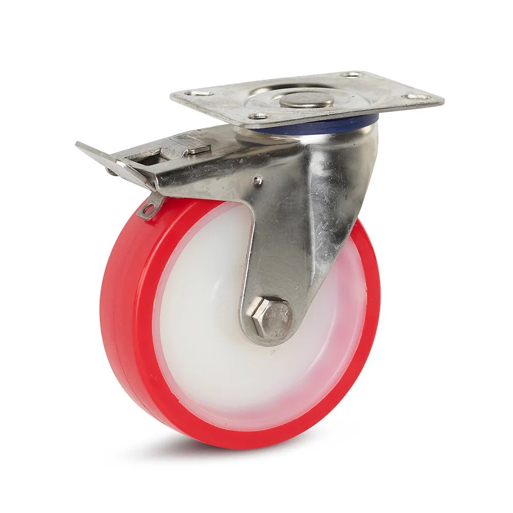 RVS zwenkwiel met rem en topplaat - 125mm PU - 220kg