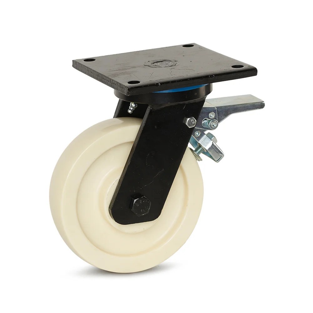Nylon zwaarlast zwenkwiel met rem en topplaat - 200mm - 1.300kg