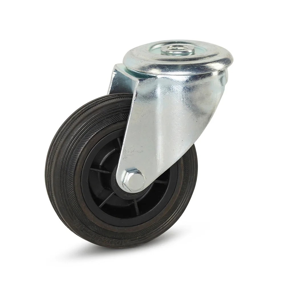 Rubber zwenkwiel met centraal gat - 100mm - 100kg Rubber zwenkwiel met centraal gat - 100mm - 100kg
