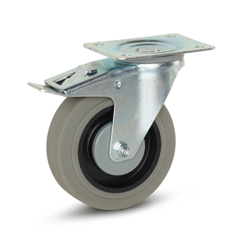 Grijs rubber zwenkwiel geremd met topplaat - 125mm - 180kg Grijs rubber zwenkwiel geremd met topplaat - 125mm - 180kg