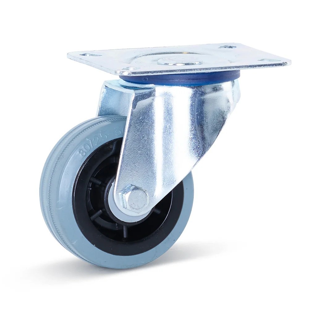 Zwenkwiel rubber grijs met topplaat - Ø80mm - 60kg - Streepvrij