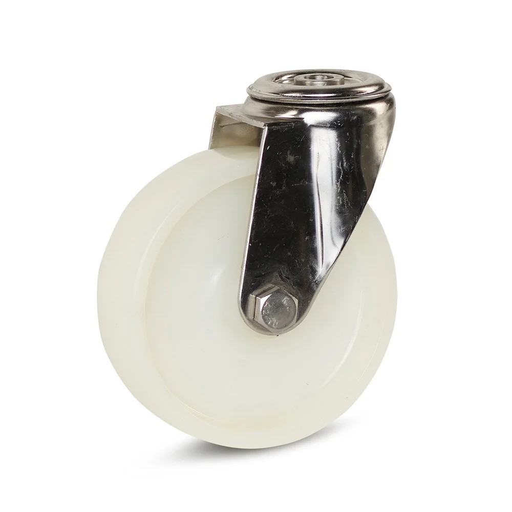 Nylon RVS zwenkwiel met centraal gat - 125mm - 220kg Nylon RVS zwenkwiel met centraal gat - 125mm - 220kg