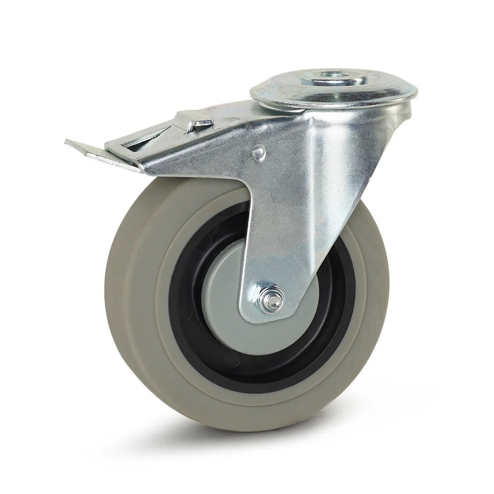 Zwenkwiel rubber grijs geremd centraal gat - 125mm - 180kg