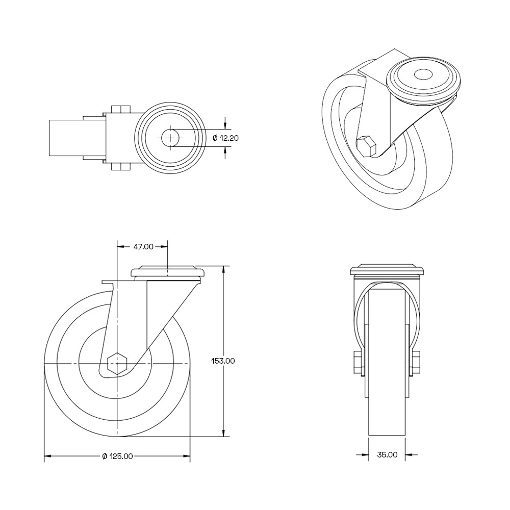 Nylon RVS zwenkwiel met centraal gat - 125mm - 220kg Nylon RVS zwenkwiel met centraal gat - 125mm - 220kg