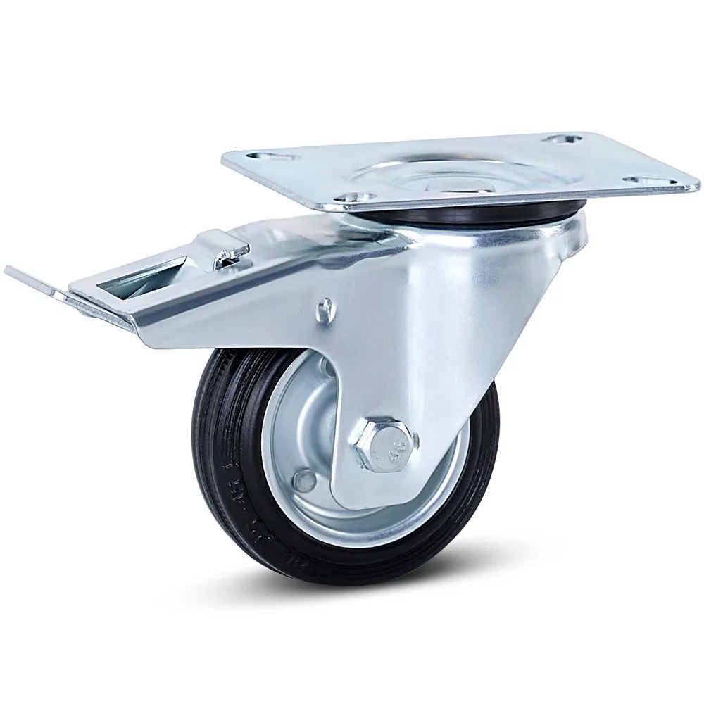 Rubber zwenkwiel met rem en topplaat - 80mm - 80kg - reukloos Rubber zwenkwiel met rem en topplaat - 80mm - 80kg - reukloos