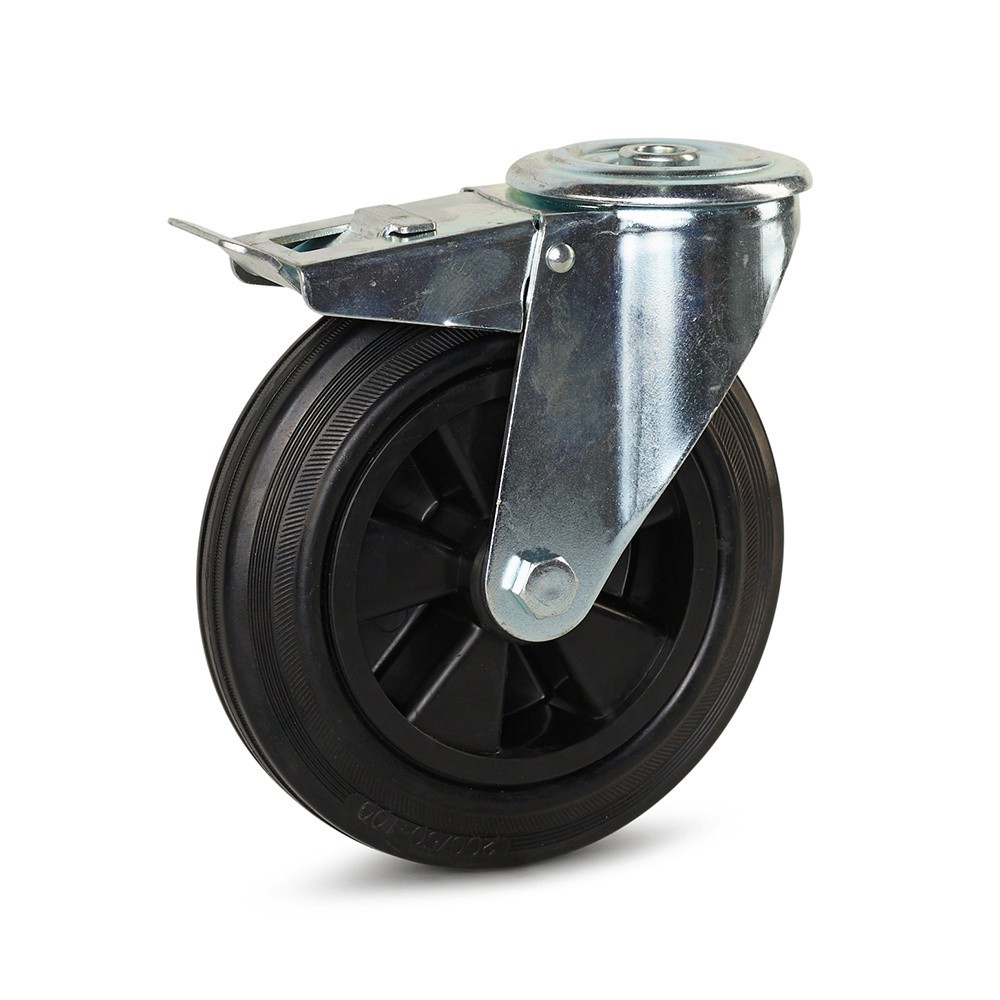 Zwenkwiel rubber geremd 200mm - centraal bevestigingsgat - 200kg Zwenkwiel rubber geremd 200mm - centraal bevestigingsgat - 200kg