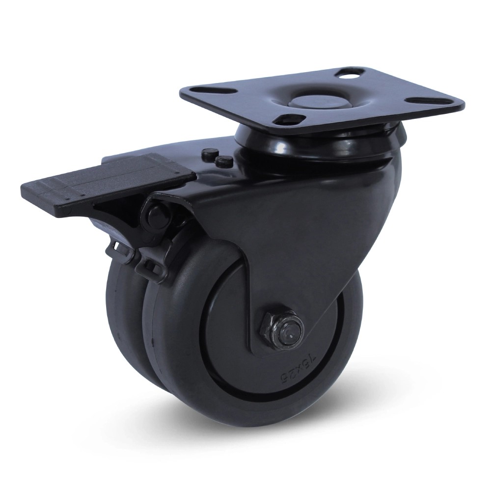 Dubbel zwenkwiel met rem zwart - topplaat 75mm - 150kg Dubbel zwenkwiel met rem zwart - topplaat 75mm - 150kg