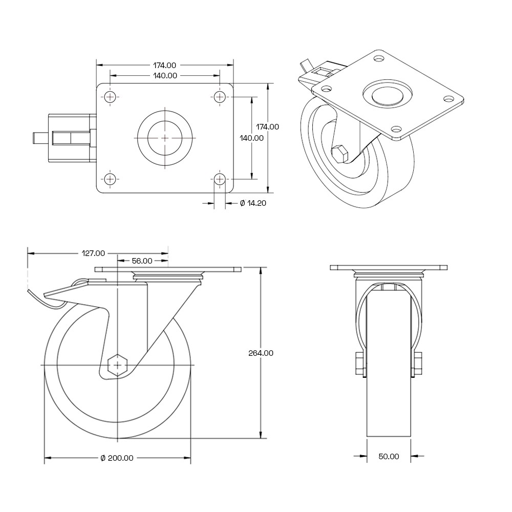 PU zwaarlast zwenkwiel met rem en topplaat - 200mm - 1400kg