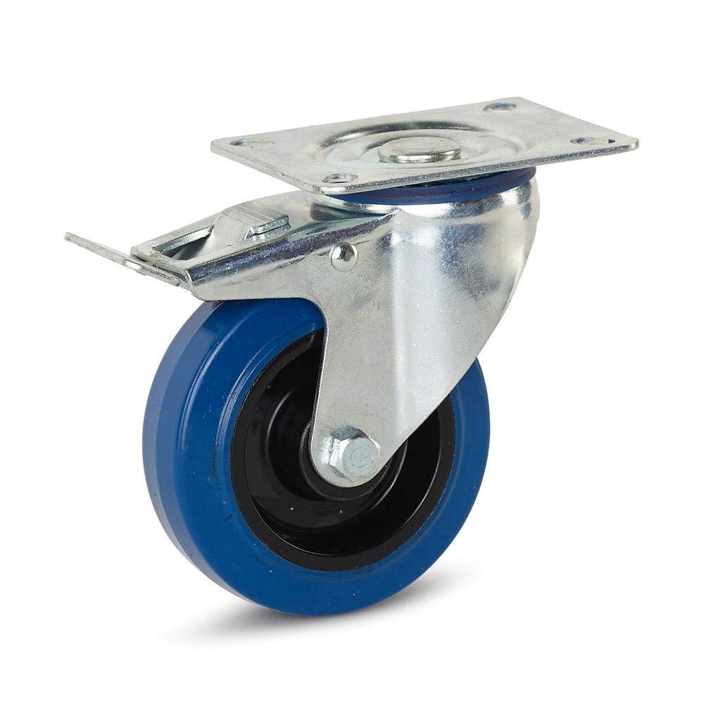 Blauw elastisch rubber zwenkwiel geremd met topplaat - 100mm - 100kg Blauw elastisch rubber zwenkwiel geremd met topplaat - 100mm - 100kg