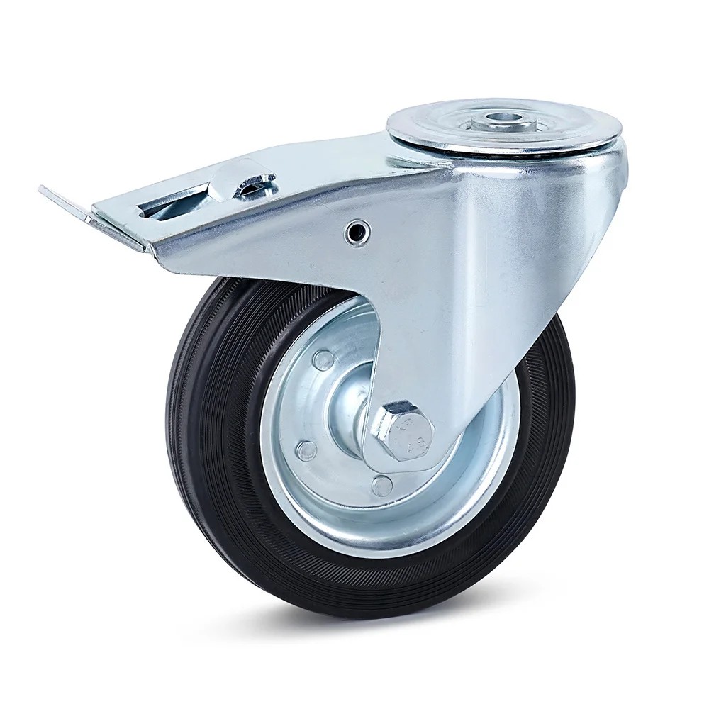 Rubber zwenkwiel dubbel geremd 160mm - 150kg draagkracht - centraal gat