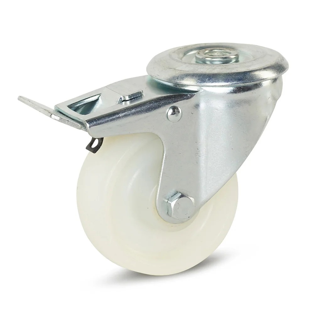 Nylon zwenkwiel geremd met centraal gat - 80mm - 150kg