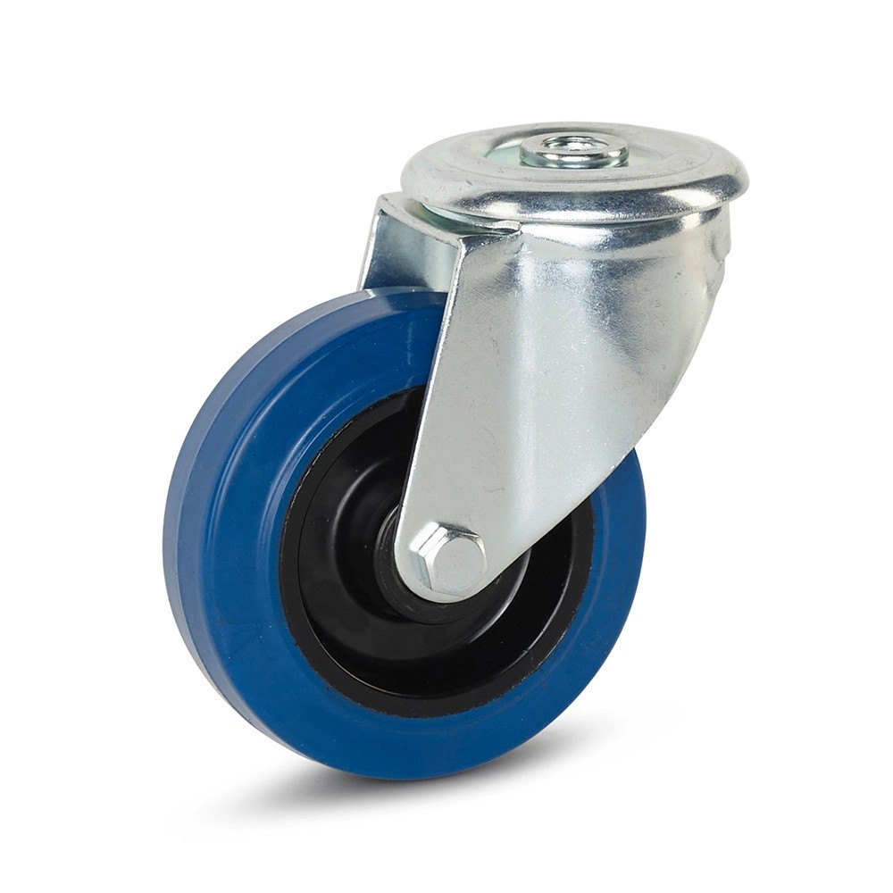 Zwenkwiel elastisch rubber blauw met centraal gat - 100mm - 130kg Zwenkwiel elastisch rubber blauw met centraal gat - 100mm - 130kg