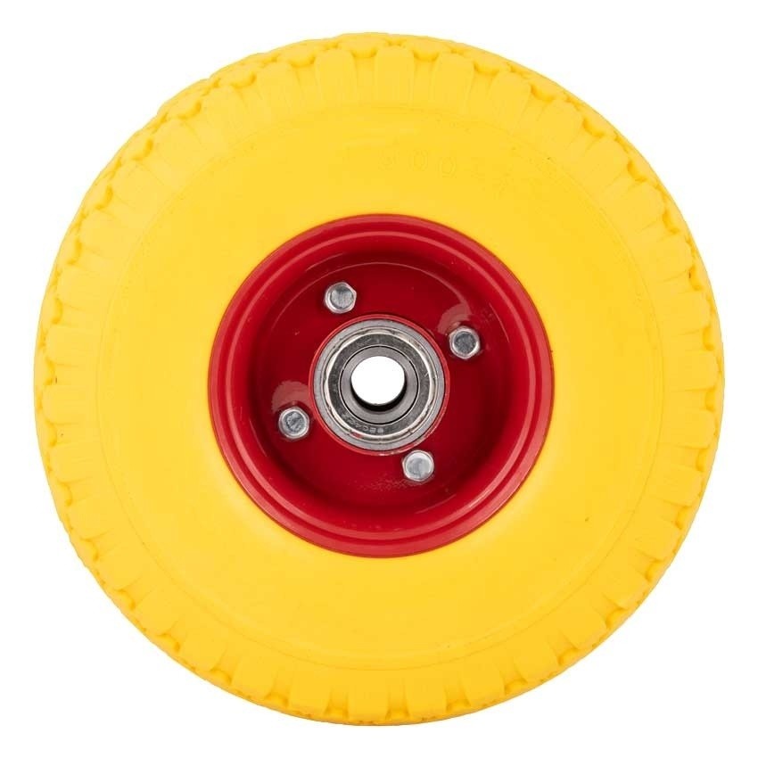 Steekwagenwiel 3.00-4 PU Anti-lek - Kogellager 125kg - Metalen Velg Geel/Rood Steekwagenwiel 3.00-4 PU Anti-lek - Kogellager 125kg - Metalen Velg Geel/Rood