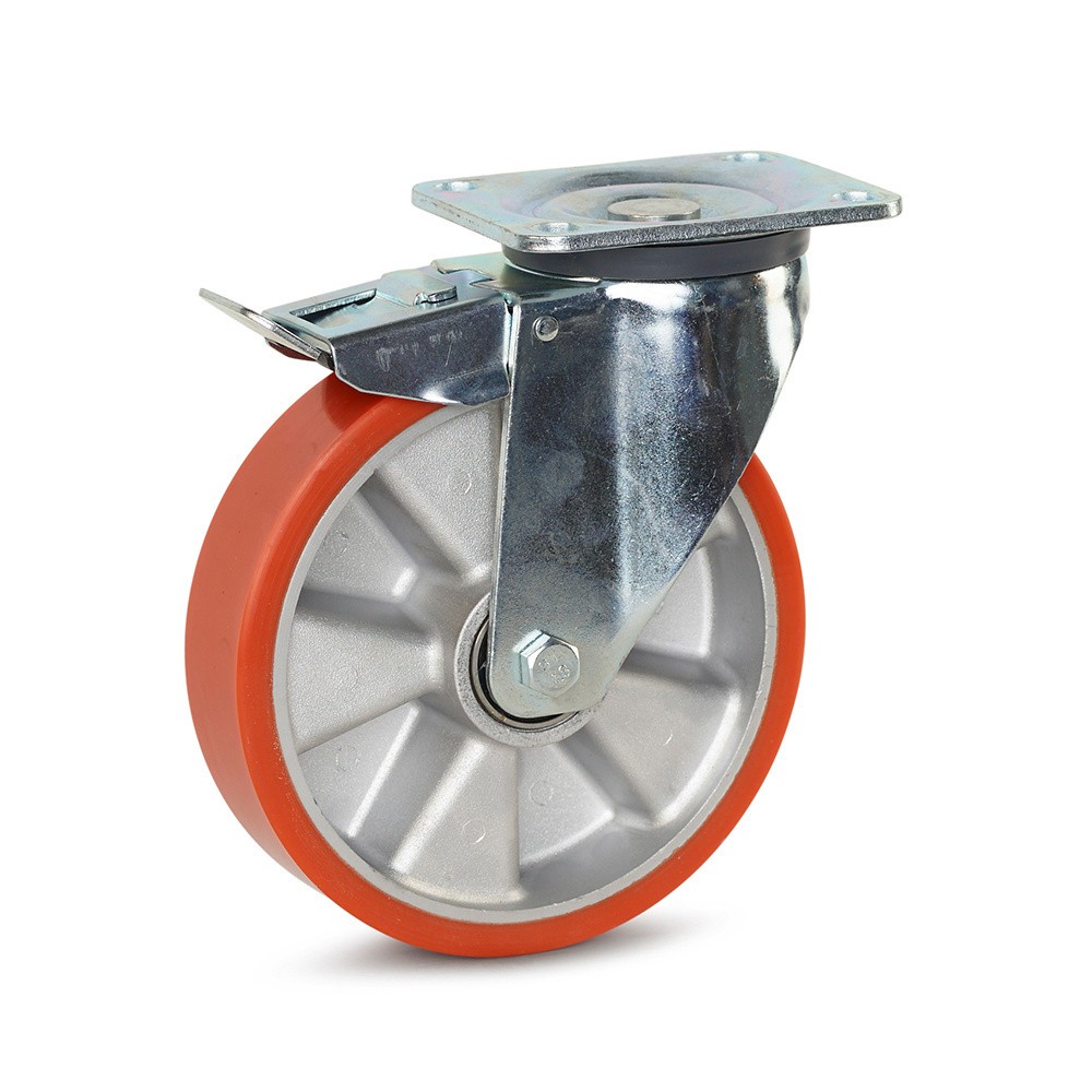 PU zwaarlast zwenkwiel geremd met topplaat - 200mm - 800kg