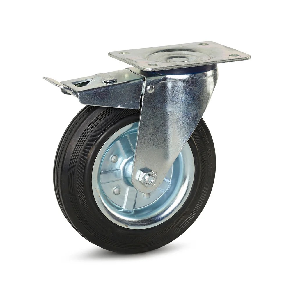 Zwenkwiel rubber geremd met topplaat - 200mm - 180kg Zwenkwiel rubber geremd met topplaat - 200mm - 180kg