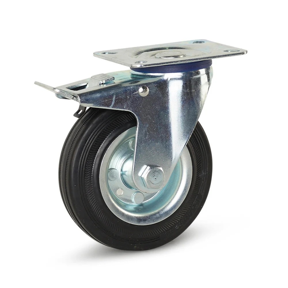 Rubber zwenkwiel met rem en topplaat - 125mm - 100kg - reukloos Rubber zwenkwiel met rem en topplaat - 125mm - 100kg - reukloos