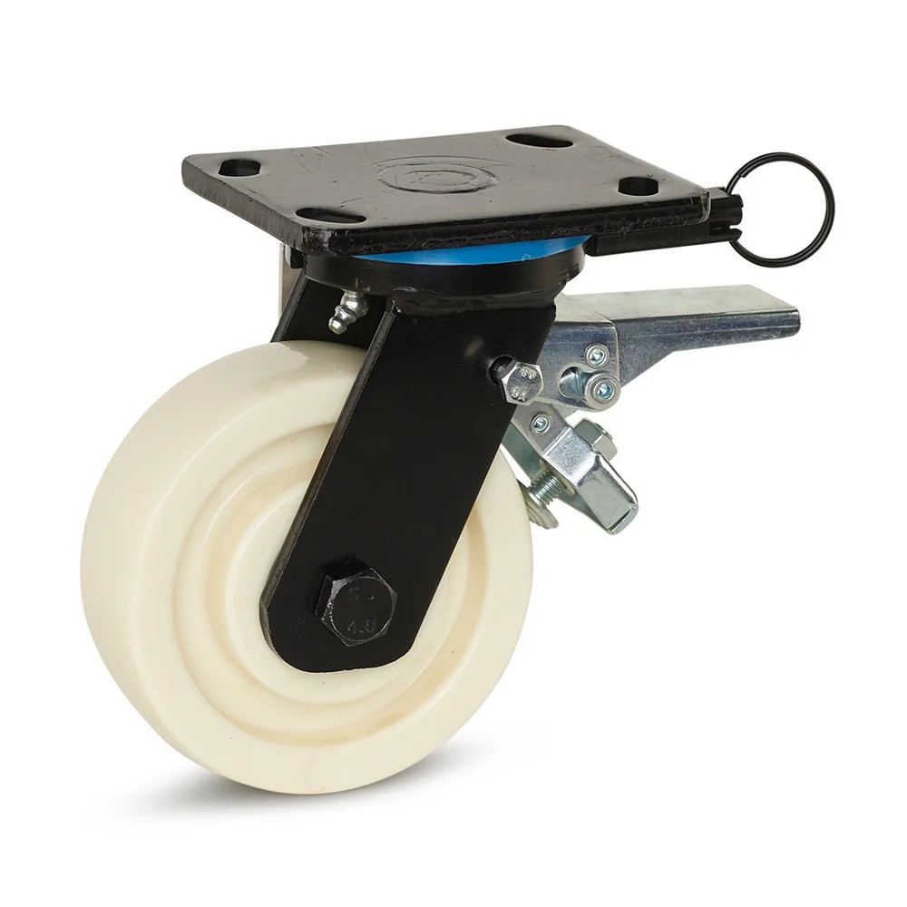 Nylon industrieel zwenkwiel geremd met topplaat en richtingvastzetter 150mm - 1.000kg Nylon industrieel zwenkwiel geremd met topplaat en richtingvastzetter 150mm - 1.000kg