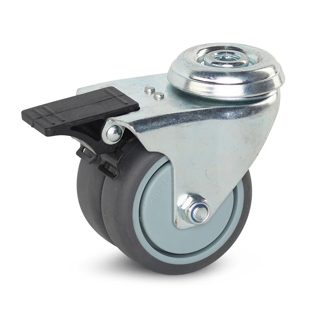 Dubbel zwenkwiel geremd met centraal gat - 75mm - 150kg
