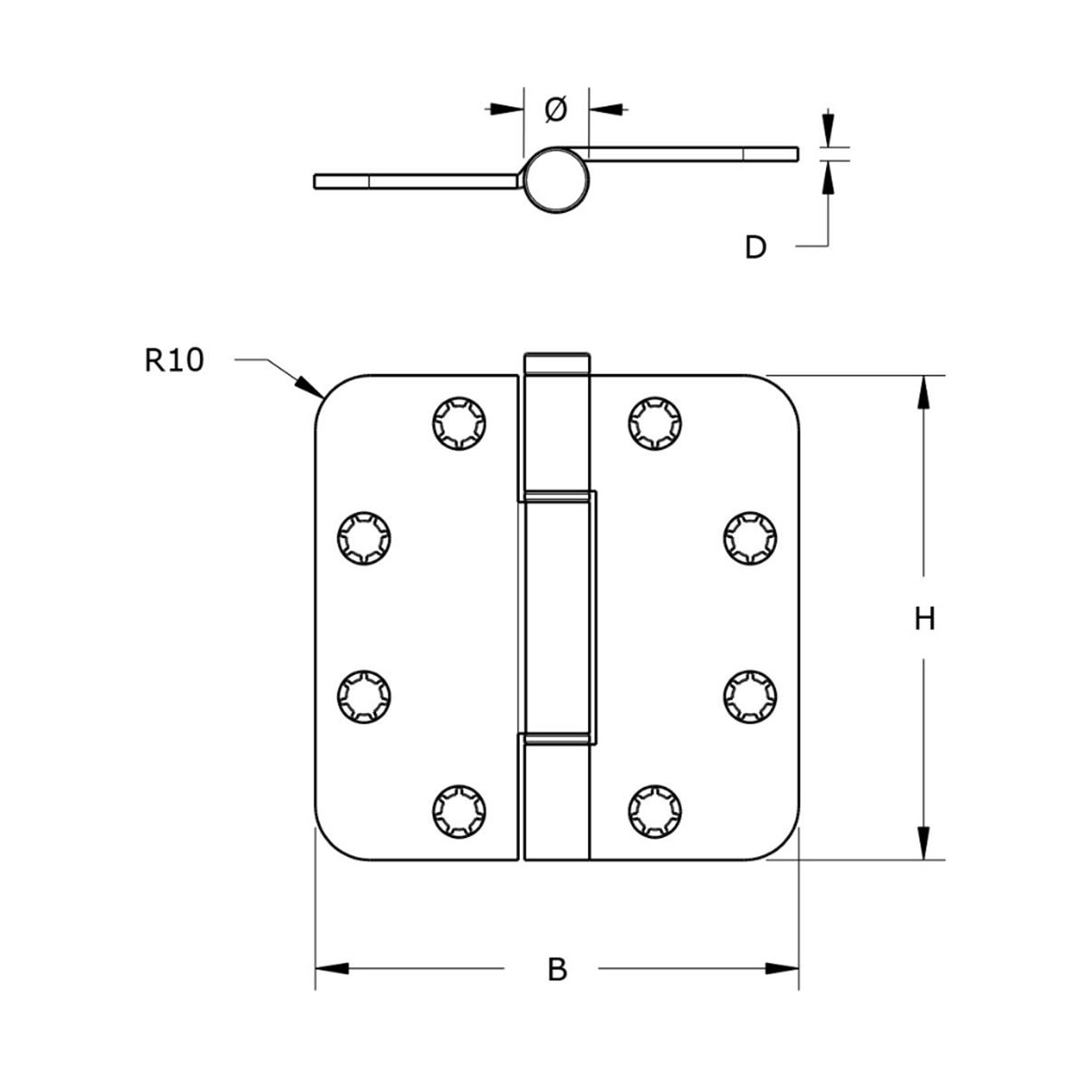 Nylon glijlagerscharnier - 3mm - Doorgezette knoop - Ronde hoeken - 89x89mm - Verzinkte pen - Staal - Verzinkt