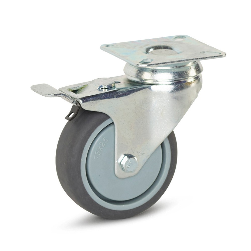 Geremd zwenkwiel trolley met topplaat - 75mm - 70kg